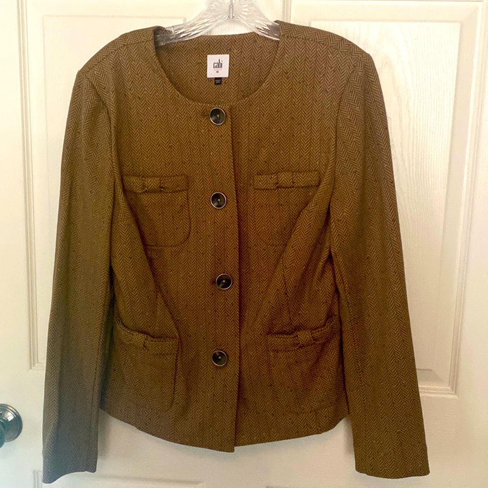 Cabi Penny blazer. Tan herringbone ponte with button front. Style 3170.